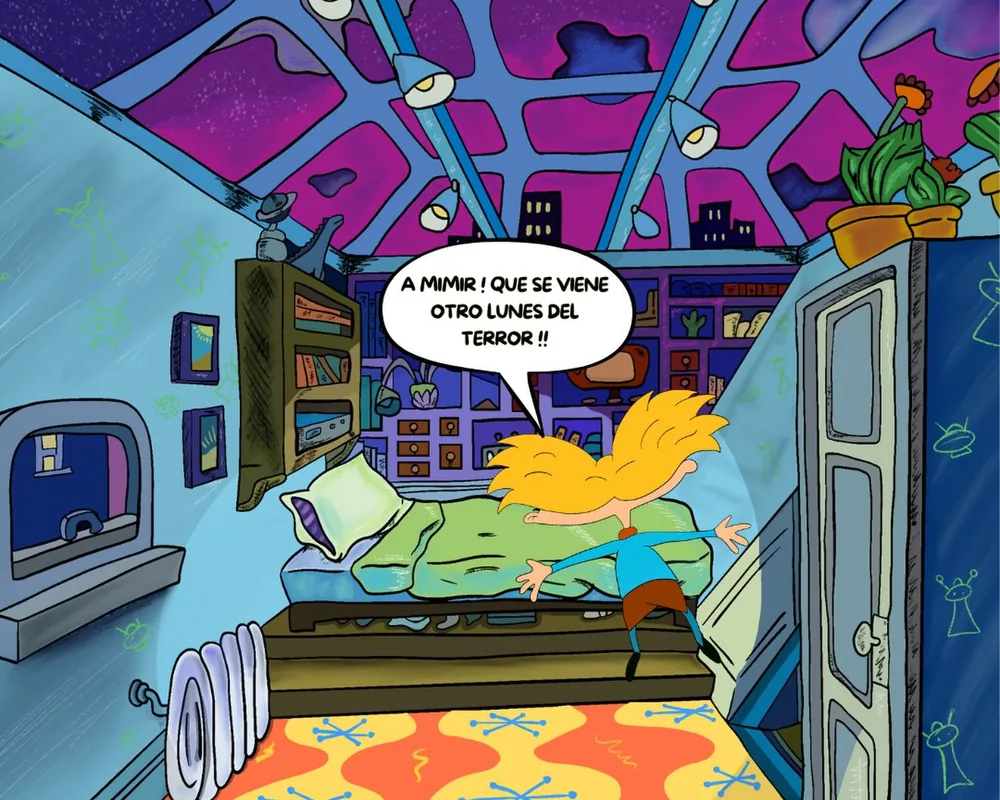 Ilustración de la pieza de Arnold, con el techo de vidrio y la alfombra naranja, dibujada por Maddy