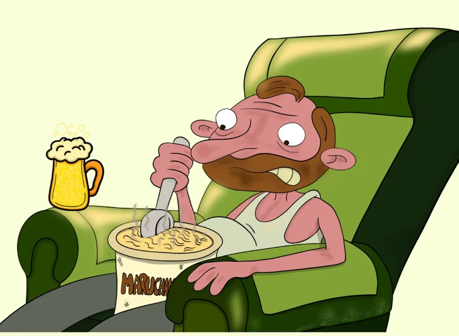 Ilustración de Oskar comiendo fideos en su sillón
