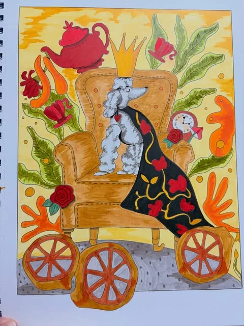 Ilustración de un caniche coronado en un sillón