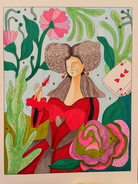 Ilustración con marcadores de una mujer de vestido rojo entre flores rosadas, de Maddy
