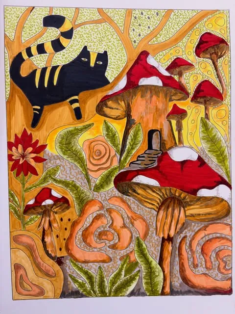 Ilustración con marcadores de un gato negro y amarillo entre hongos rojos, de Maddy