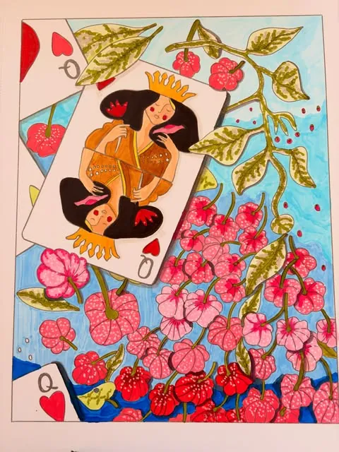 Reina de corazones entre flores