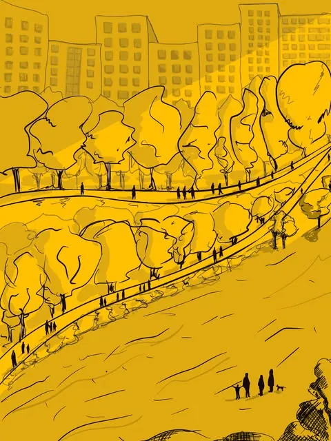 Dibujo en amarillo y negro de un parque con árboles, gente caminando y edificios al fondo