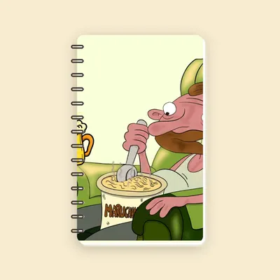 Libreta A5 con Oskar comiendo fideos en su sillón